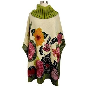 Didier Parakian Floral Multicolored Knit Poncho Sweater With Cowl Neckline O/S